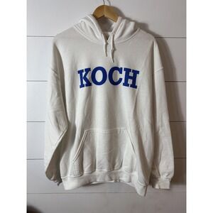 Koch Hoodie Mens Large White Pullover‎ Sweatshirt Made USA Blue Spell Out Logo